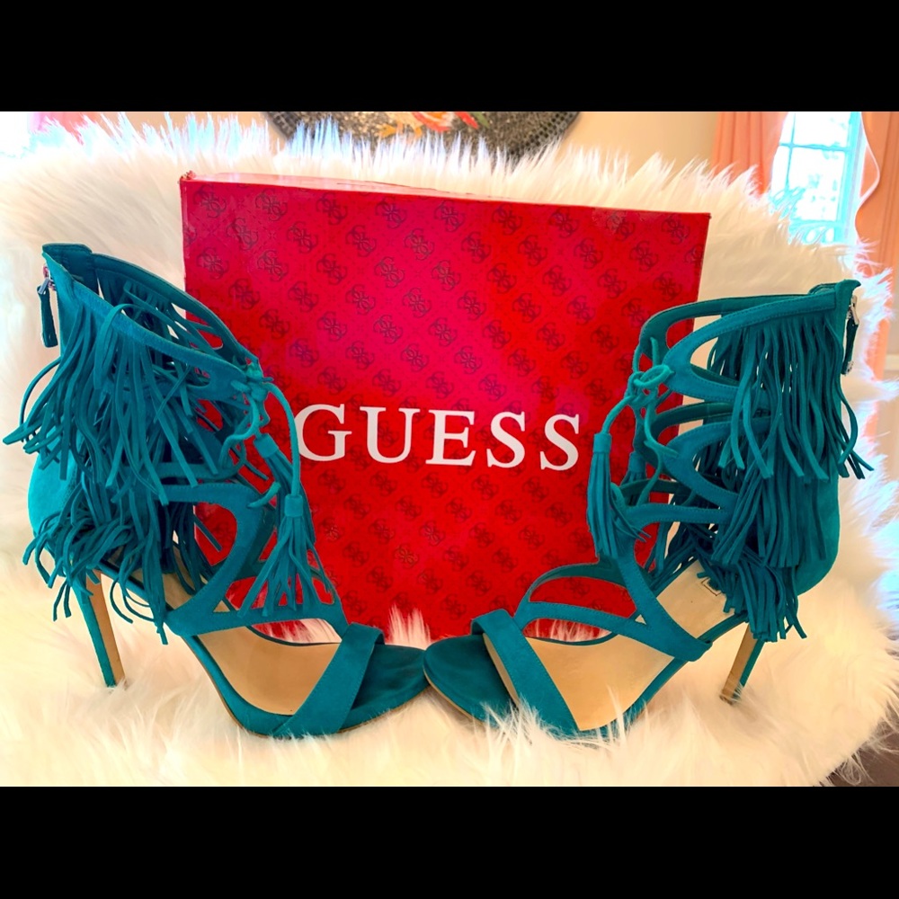 Guess abria fringe heel sandal open toe suede $125